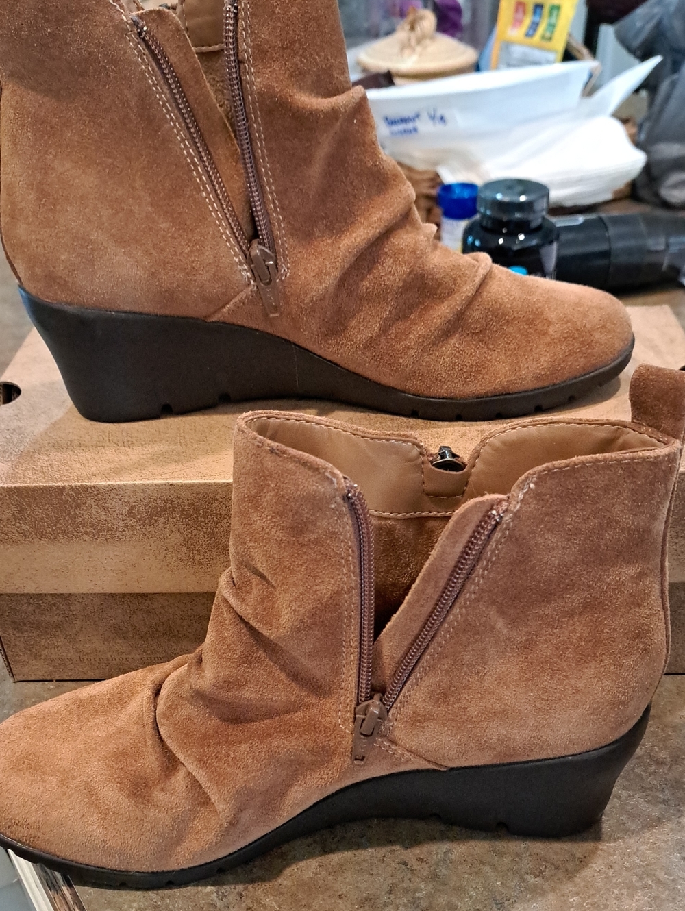 Weatherproof Tan Suede Ankle Wedge Booties